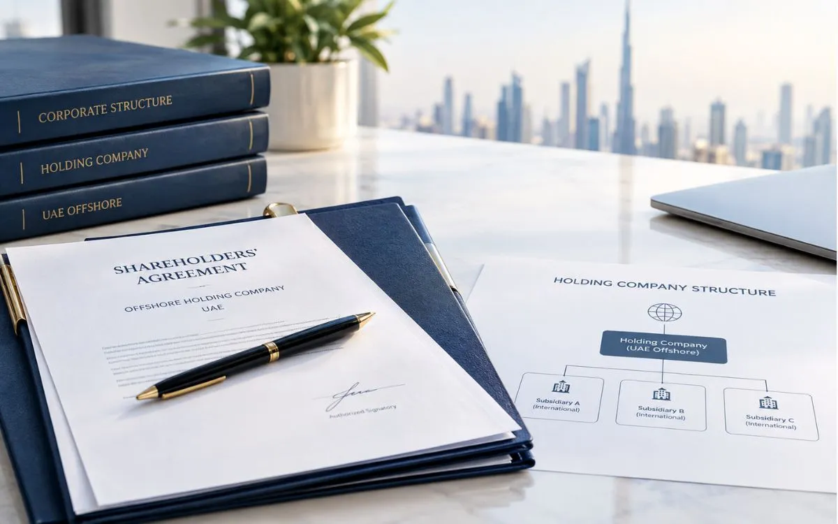 Signed corporate documents representing an offshore holding company structure in the UAE
